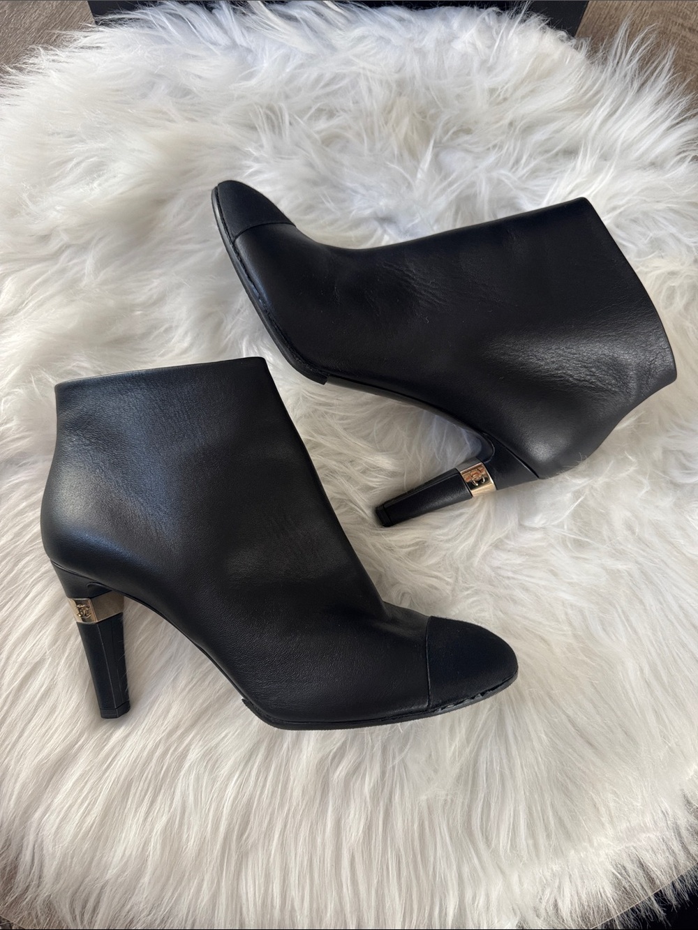 CHANEL Black Leather Cap Round Toe Short Boots with Gold Heel Accent size 41.5
